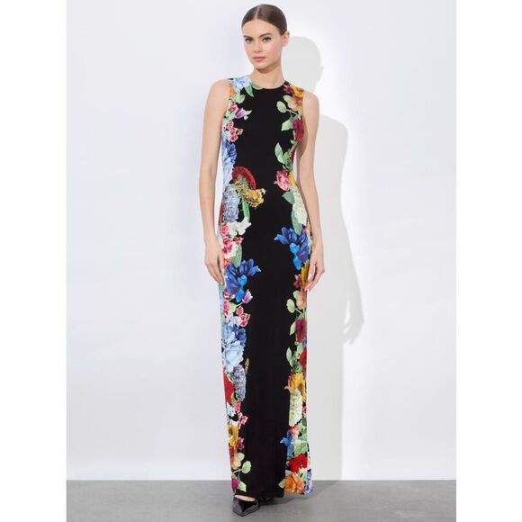 Alice + Olivia Women's Black Multi Floral Open Back Delora Maxi Dress Sz 8 NWOT - Picture 1 of 13